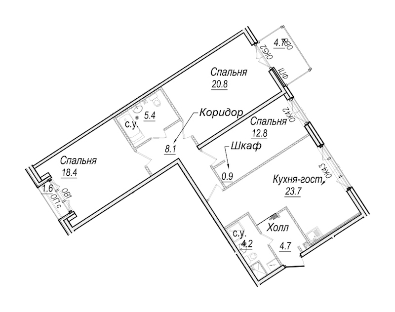 3-комнатная квартира 101.2 м², 4/8 эт., Комплекс апартаментов «Meltzer Hall»